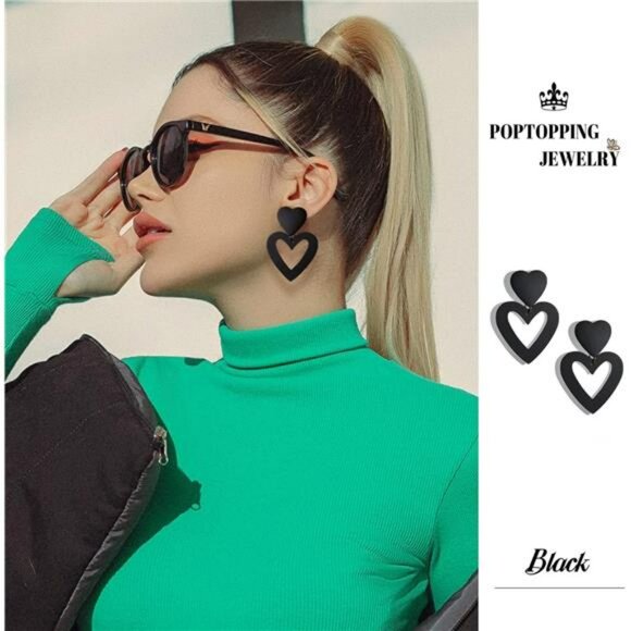 Black Double Heart Dangle Earrings Love Drop Earrings for Women Valentines Gift - Picture 2 of 7